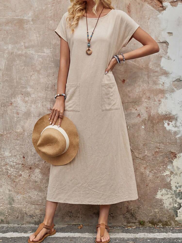 Women's Solid Color Pocket Round Neck Casual Short Sleeve Dress