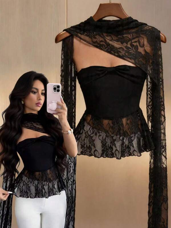 Elenzga Nuevo chal de encaje negro de primavera/verano combinado con top de encaje negro ajustado, diseño elegante y de alta gama, adecuado como regalo de cumpleaños, cita, fiesta, ocasión formal, celebración, festival de música, San Valentín, Pascua, Día del Trabajo, fiesta de regreso a clases, fiesta de solteros, reunión festiva, uso de primavera/verano, esencial de moda, con diseño de encaje de alta gama