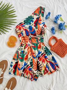 SHEIN PETITE CURVE Bộ jumpsuit nữ cỡ lớn với vai bất đối xứng, thích hợp cho bữa ăn trưa, Ngày của Mẹ, lễ tốt nghiệp, nhà thờ, bãi biển, lễ hội âm nhạc, sân bay, tiệc trà chiều và các dịp khác. - Nhiều màu - Xem 3