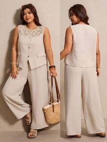 Elaquor Plus Size 2 Pieces Set,Lace Trim Collar Round Neck Shirt & Wide Leg Pants Beige,Summer,Smart Casual,Vacation,Holiday Elegant Commuter Business Outfits - Apricot - View 1