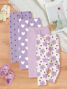 Souflis Souflis Set de 4 piezas de leggings/pantalones/mallas elásticos de unicolor para niña bebé, serie morada dulce y linda con corazones, lunares, pequeños estampados de flores, para primavera y verano, vibes de primavera, vibes de verano, fácil comodidad, conjunto de niña con estilo, ropa casual, ropa gráfica floral para niños, conjunto de primavera y verano, nuevo estilo, relajado, vibes de primavera relajado vacaciones de verano - Multicolor - Ver 2