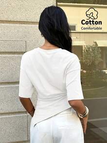 Camiseta casual y versátil de mujer en color marrón, camiseta de verano, camiseta de cuello redondo, camiseta asimétrica con cintura ceñida - Blanco - Ver 7