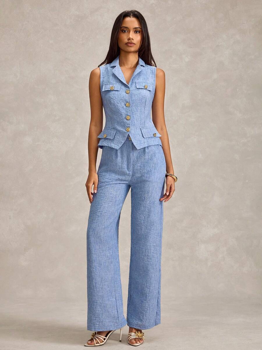 Women Two Pieces Vest And Pant Suit Sets - Royal Blue - View 1