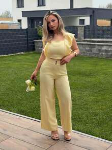 Jeta Ari 女士优雅黄色方领泡泡袖上衣和阔腿裤两件套西装套装，夏季 - 黃色 - 查看 6