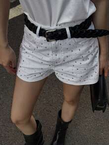 Quần short denim nữ kiểu dáng thường ngày, đính đá lấp lánh. - trắng - Xem 1