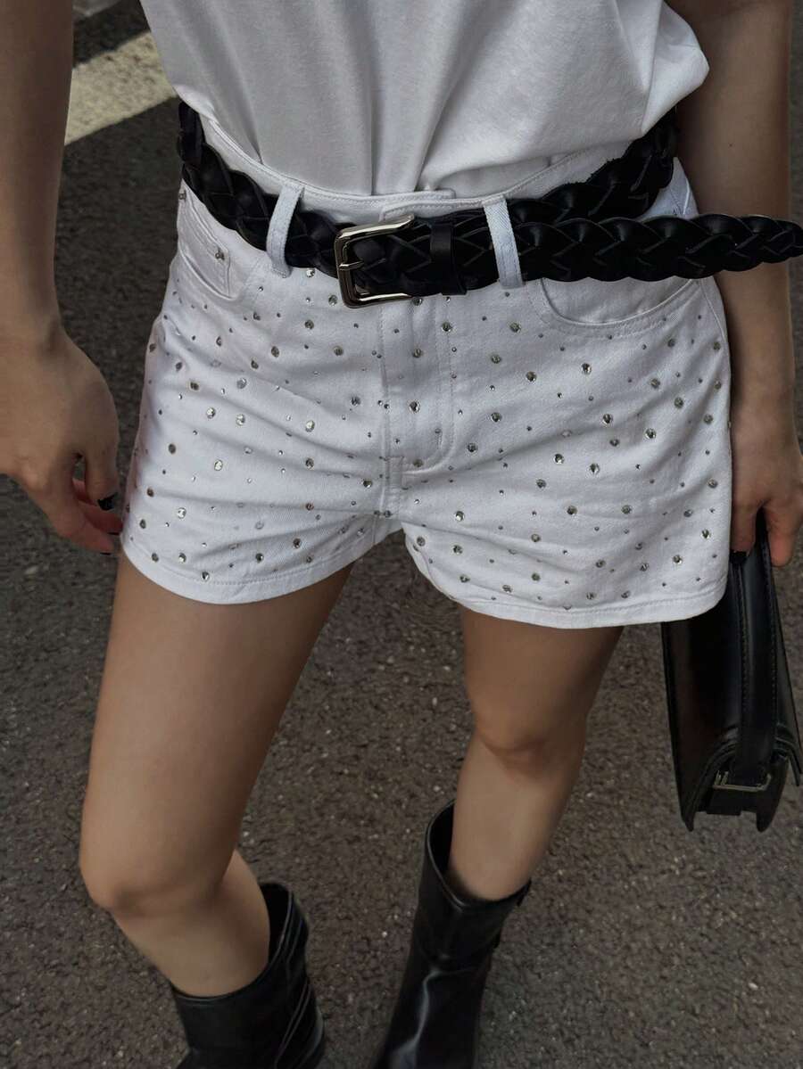 Quần short denim nữ kiểu dáng thường ngày, đính đá lấp lánh. - trắng - Xem 1