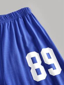 SHEIN 少女T恤套装 2件套 少女休闲时尚蓝白针织数字标语印花美式棒球T恤V领短袖上衣和阔腿运动裤套装 - 藍白色 - 查看 6