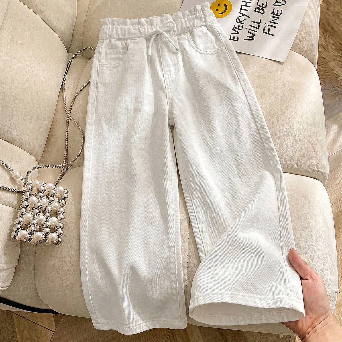 Jeans de mezclilla blancos casuales para niñas y adolescentes, con cintura elástica con cordón, tiro medio, corte holgado, bolsillos, pierna ancha,