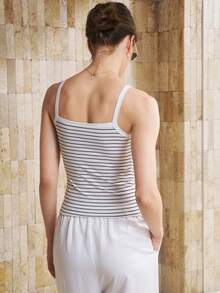 Airaco Women's Striped Print Casual Minimalist Summer Tank Top T-Shirt - White - View 2