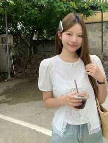 DAZY 女士二合一蕾丝拼接圆领短袖T恤 夏季 - 白色 - 查看 7
