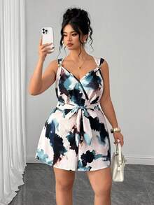 SHEIN Clasi Plus Size Women's Brown Elegant Summer Jumpsuit, Ink Wash Print Metal Buckle Decor Adjustable Strap Waist Casual Holiday Shorts - Blue - View 1
