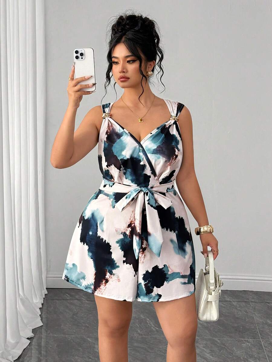 SHEIN Clasi Plus Size Women's Brown Elegant Summer Jumpsuit, Ink Wash Print Metal Buckle Decor Adjustable Strap Waist Casual Holiday Shorts - Blue - View 1