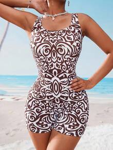 Swim SPRTY Women's Summer Beach Vacation Vacation Allover Print Backless One-Piece Swimsuit With Shorts All White Tropical - Brown - View 4
