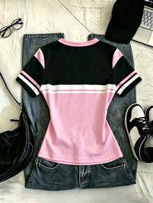 SHEIN 女士数字印花V领修身休闲日常短袖T恤 - 彩色 - 查看 2