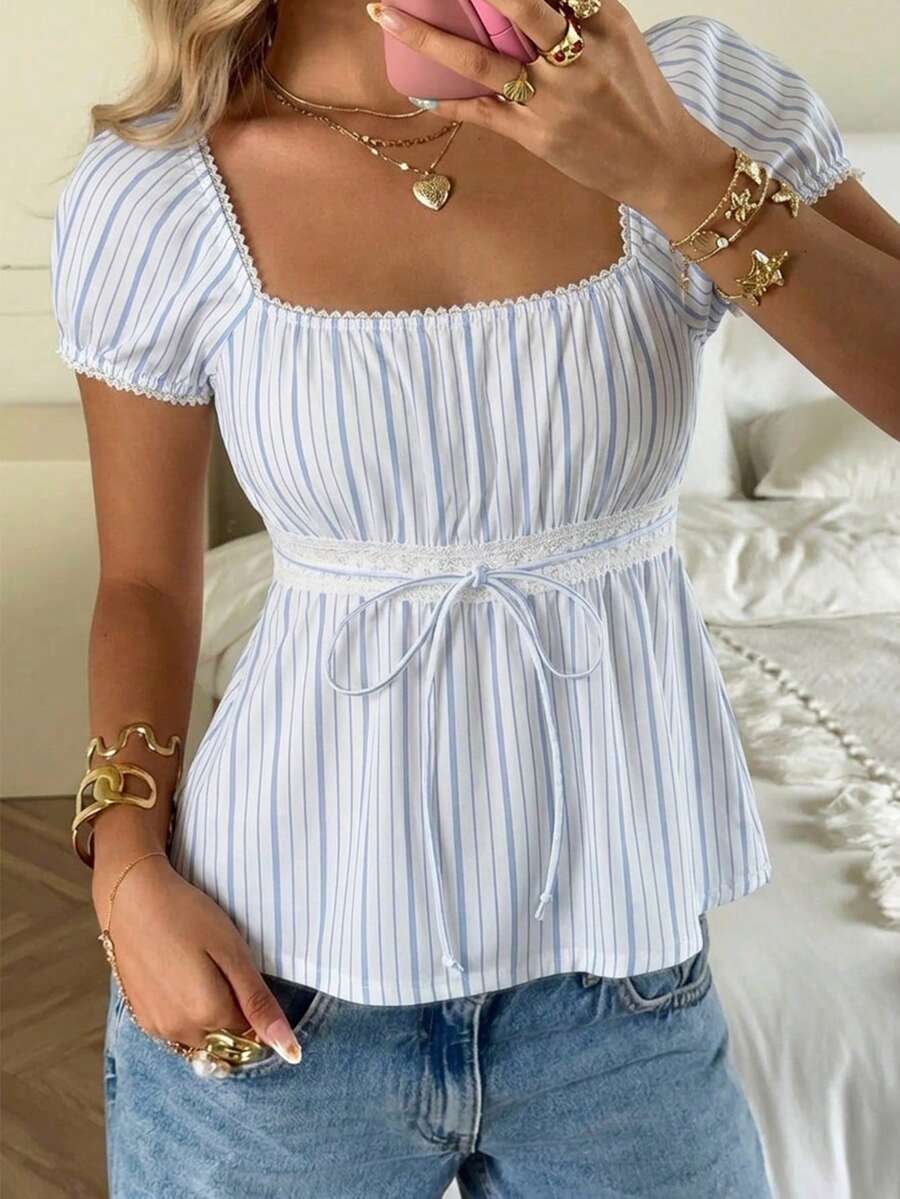 SHEIN CovetEZ Summer Outfits Square Neck Petal Sleeve Tie Front Tee - Multicolor - View 1