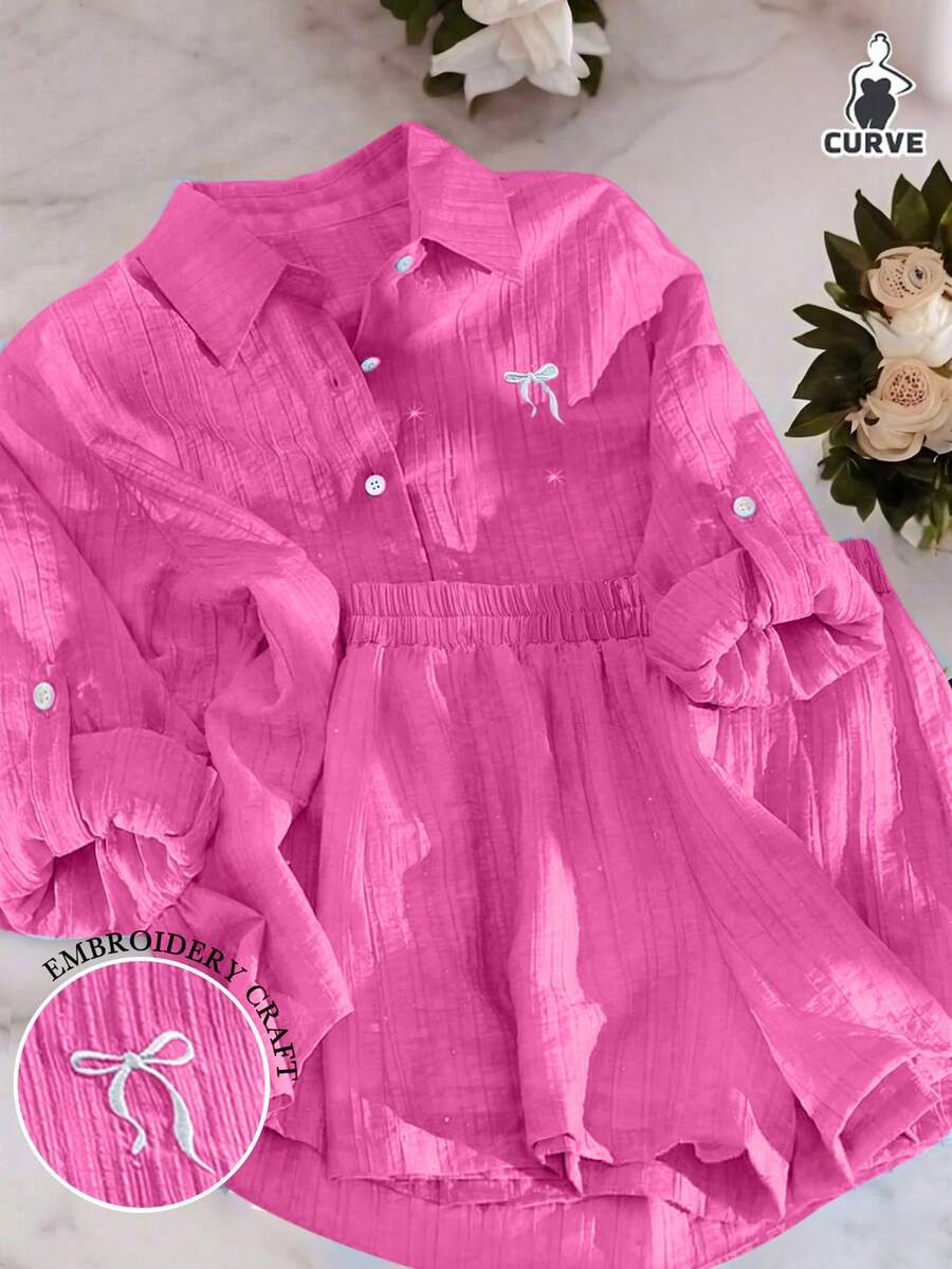 Airaco Conjunto de camisa y pantalones cortos de talla grande para mujer con bordado de mariposa 2026 - Rosa Fucsia - Ver 1