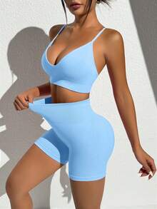 SHEIN Sovereign Charm 4件套无缝瑜伽背心和短裤套装 - 彩色 - 查看 6