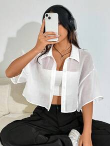 SHEIN EZwear 大码女式夏季休闲纯色透明短款衬衫上衣 - 白色 - 查看 1