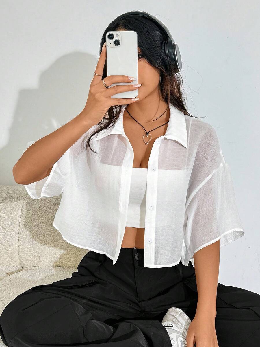 SHEIN EZwear 大码女式夏季休闲纯色透明短款衬衫上衣 - 白色 - 查看 1