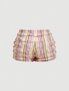 SHEIN MOD 大码女式腰部蝴蝶结装饰褶皱条纹短裤 - 彩色 - 查看 3