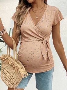 SHEIN V-Neck Floral Print Wrap Casual Nursing Short Sleeve Top - Grey - View 6