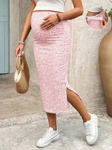 SHEIN Adjustable Waist Ditsy Floral Maternity Skirt For Vacation - Pink - View 3