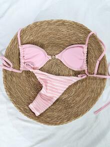 Swim Vcay 2026 Ensemble de bikini en tissu crocheté avec bretelles réglables et décoration de perles, design dos nu, pour les vacances - Multicolore - Voir 2