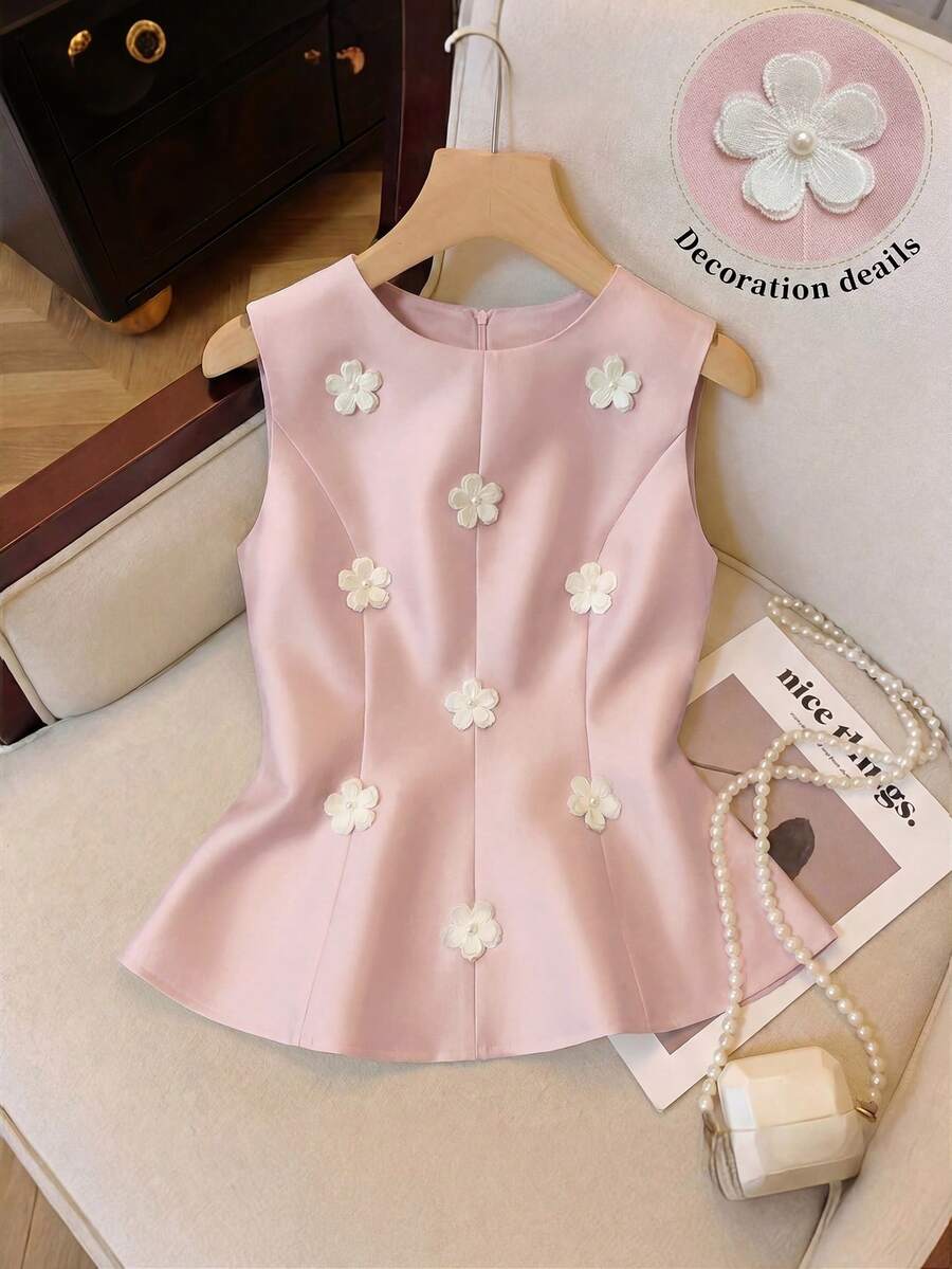 GlowEve Áo sơ mi nữ không tay cổ tròn trang nhã với họa tiết hoa và khóa kéo phía sau. - Hồng - Xem 1