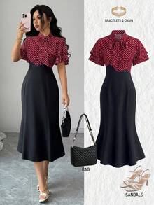 SHEIN Raffinéa 女士优雅黑白波点拼接连衣裙，配蝴蝶结领，修身鱼尾裙摆 - 紅色 - 查看 1