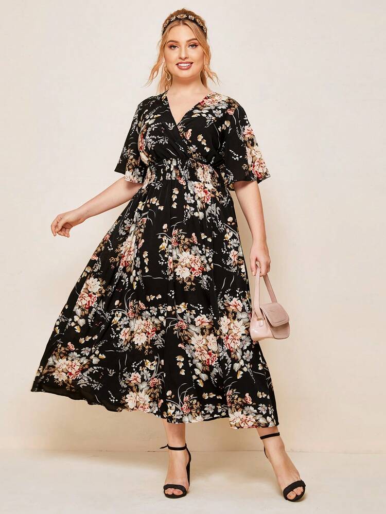 Plus Surplice Neck Shirred Waist Floral Dress