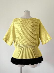 SHEIN Sweetro Áo dệt kim tay ngắn phong cách Y2K tối màu, thanh lịch, thời trang dành cho nữ cỡ lớn, phù hợp cho trang phục đi làm mùa xuân, hè, thu. - Vàng nhạt - Xem 2
