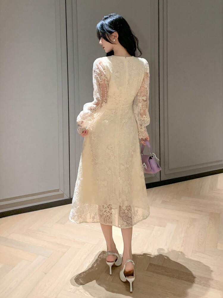 Women's Lace Contrast Color Long Sleeve Elegant Casual Midi Dress
