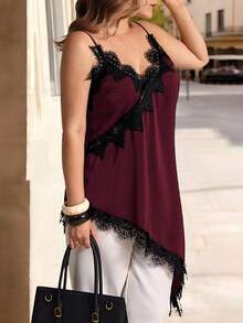 Elegantrix Plus Size Women Urban Casual Lace Asymmetric Hem V-Neck Patchwork Solid Color Camisole Gym Brown Summer - Rose Red - View 2