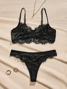 蕾絲拼接鋼圈內衣套裝 - 黑色 - 查看 2