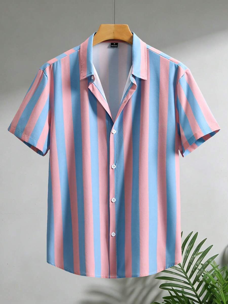 Genlund 條紋前開扣夏季休閒短袖襯衫(不對稱剪裁),度假風 - 彩色 - 查看 1