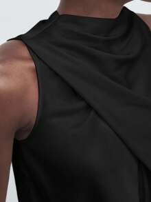 SHEIN Maija Women's Black Stand Collar Pleated Front Satin Elegant Casual Loose Bow Sleeveless Top, Suitable For Vacation, Office Wear, Asymmetric Retro Style, Autumn Women's Clothing, Ladies Apparel, Black Top - Black - View 5