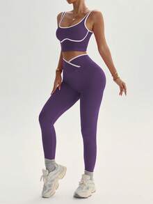 Dewbera Dewbera Conjunto deportivo sin costuras con bloques de color para mujer - Morado - Ver 4