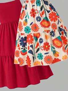 Girls Casual Floral Print Camisole Dress And Solid Red Dress Set, Suitable For Outdoor Vacation - Red - View 4