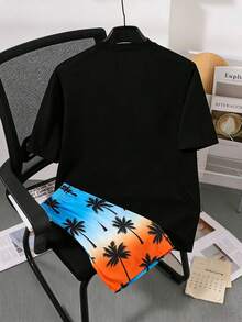 SHEIN Streecool Kids 两件套休闲舒适百搭男童套装，柔软短袖T恤和短裤运动套装，度假风渐变椰树印花，适合夏季穿着，时尚休闲，返校季、户外野餐、街头摄影、校园、节日庆典、送礼皆宜。 - 黑色 - 查看 2