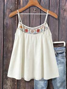 SHEIN LUNE CURVE Áo camisole mùa hè cỡ lớn, kiểu dáng thường ngày, thêu hoa, phong cách sống tự nhiên, thời trang boho, áo kiểu boho cho nữ, quần áo boho cho nữ, áo tank top boho, thời trang boho chic cho nữ. - trắng - Xem 2