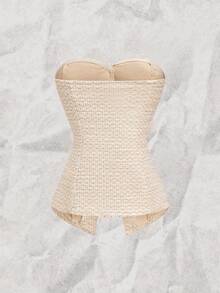 Olithes Women's Summer Pink Textured Bandeau Tight Crop Top With Pearl Button Detail - Khaki - View 2