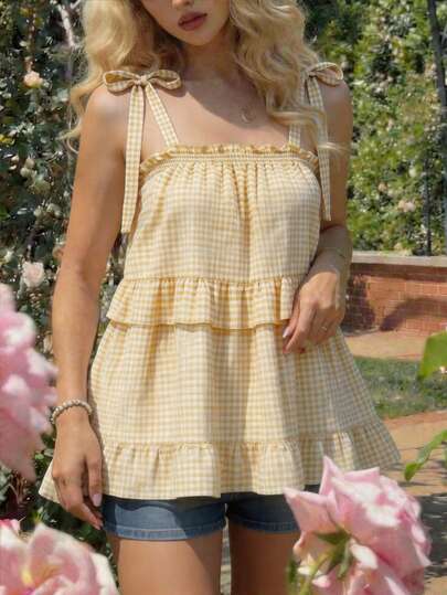 SHEIN MOD 加大码黄白格子蝴蝶结衬衫，适合夏季野餐、郊游和派对穿着