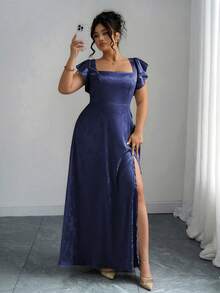 Elenzga Đầm dài tay bồng cổ vuông xẻ tà dành cho nữ cỡ lớn, chất liệu vải jacquard bóng màu xanh lá cây, đa năng cho đi làm, mặc hàng ngày, dự tiệc cưới, dạ hội, lễ tốt nghiệp, mua sắm, chụp ảnh, thoải mái và thời trang. - Màu xanh hải quân - Xem 4