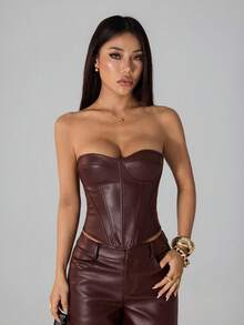 SHEIN PETITE Áo croptop quây ngực bằng da PU màu nâu thời trang gợi cảm dành cho nữ, áo corset da, áo màu nâu, áo đi chơi đêm, áo đi club, áo corset nâu, áo dự tiệc, áo da, áo mùa hè, áo quây ngực, áo Halloween, áo Giáng sinh, áo năm mới - Màu Đỏ Sâu - Xem 5