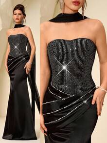 Coutiva Women's Beaded Satin Bandeau Formal Evening Gown (Heavily Embellished) - Black - View 2