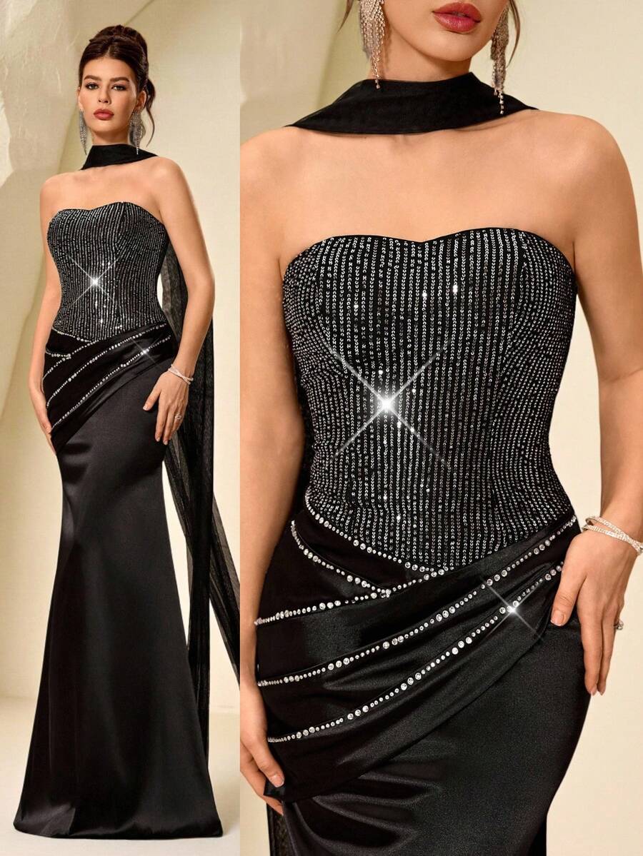 Coutiva Women's Beaded Satin Bandeau Formal Evening Gown (Heavily Embellished)