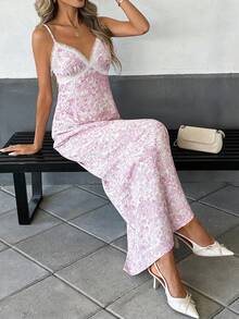 SHEIN PariChic 女士花卉印花蕾丝边优雅收腰长款派对连衣裙 - 粉色 - 查看 4
