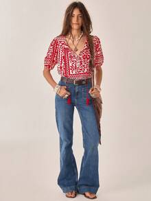 Camisa casual de mujer con estampado floral, camisa de mujer para vacaciones, camisa de verano de mujer, camisa elegante de mujer, camisa floral de mujer, camisa de conjunto de vacaciones de verano, camisa social de mujer - Rojo - Ver 2