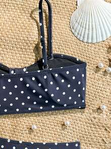 SHEIN Bộ bikini chấm bi nhún bèo cho bé gái tuổi teen, phong cách đi biển và nghỉ dưỡng. - Đen và trắng - Xem 5