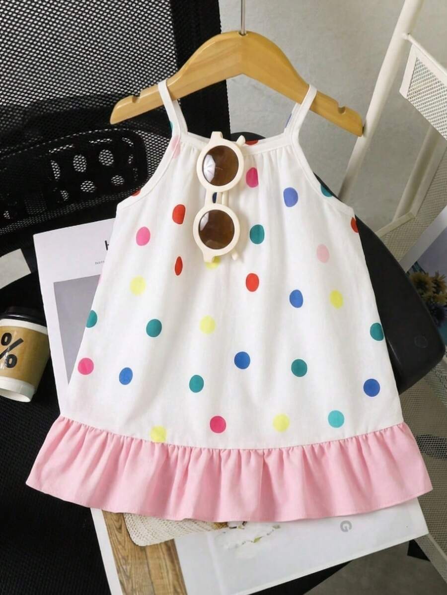 SHEIN Playful Pals 女婴休闲可爱彩色波点印花梭织连衣裙,夏季韩版 - 彩色 - 查看 1